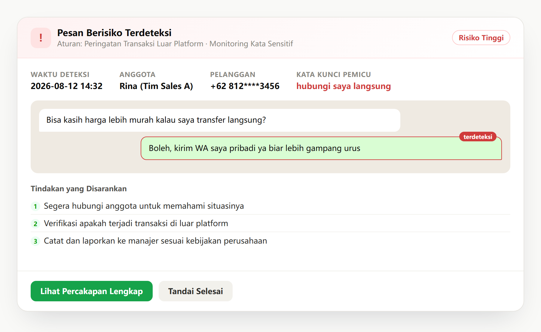 Contoh peringatan pelanggaran dengan konteks percakapan dan langkah yang disarankan